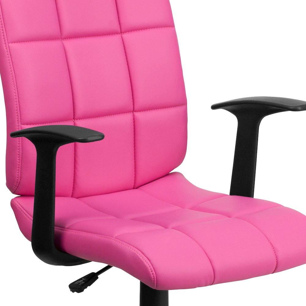 Mid-Back Pink Quilted Vinyl Swivel Task Office Chair with Arms. Picture 12
