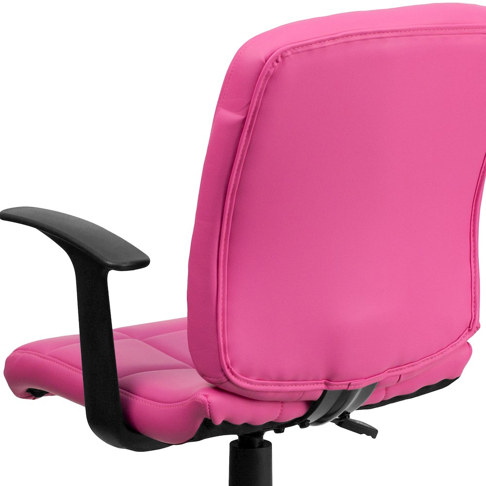 Mid-Back Pink Quilted Vinyl Swivel Task Office Chair with Arms. Picture 9