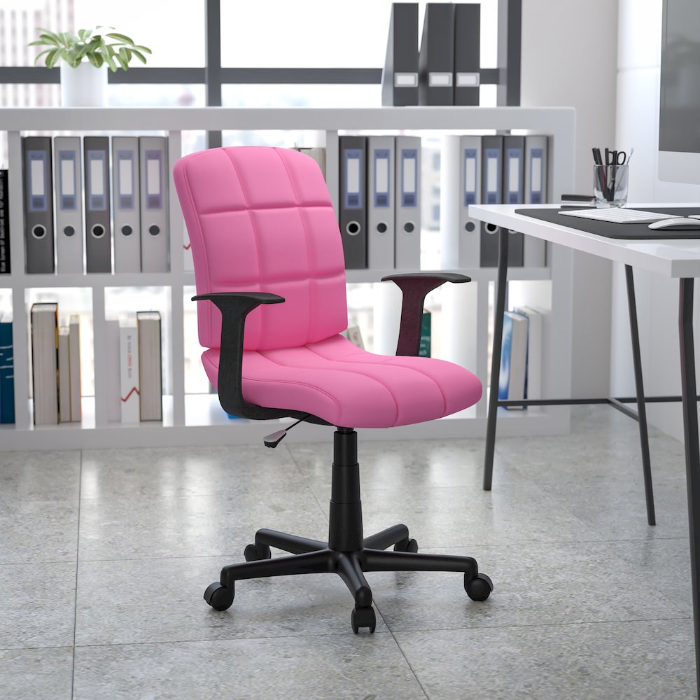 Mid-Back Pink Quilted Vinyl Swivel Task Office Chair with Arms. Picture 7