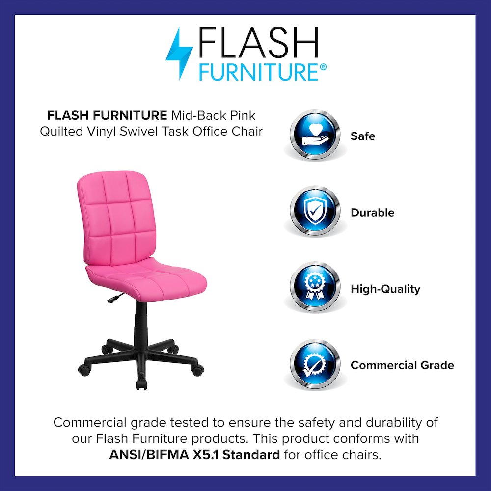 Mid-Back Pink Quilted Vinyl Swivel Task Office Chair. Picture 4