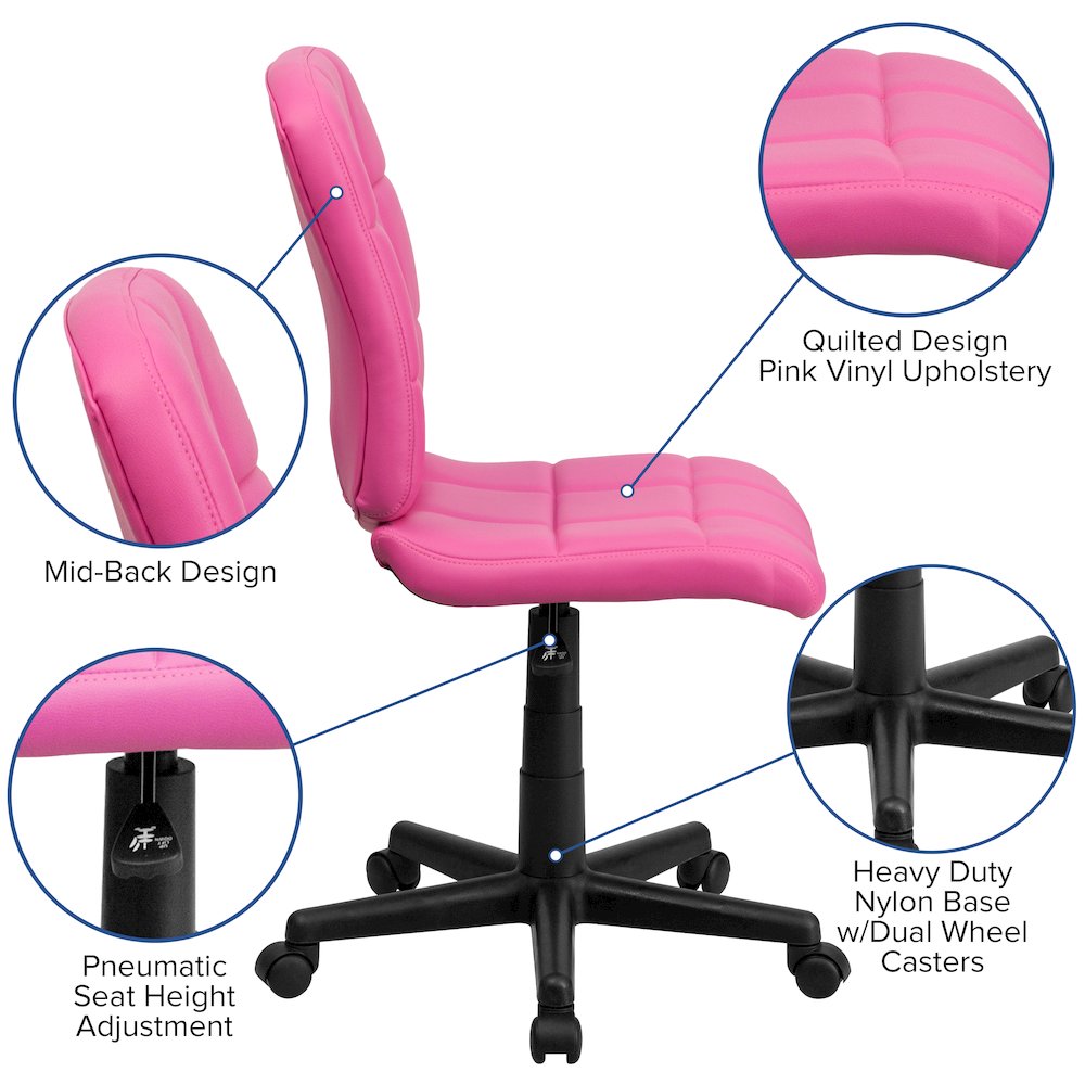 Mid-Back Pink Quilted Vinyl Swivel Task Office Chair. Picture 6