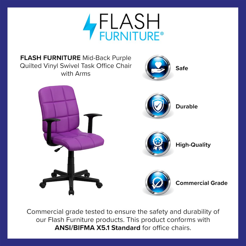 Mid-Back Purple Quilted Vinyl Swivel Task Office Chair with Arms. Picture 4