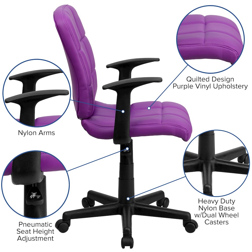 Mid-Back Purple Quilted Vinyl Swivel Task Office Chair with Arms. Picture 6