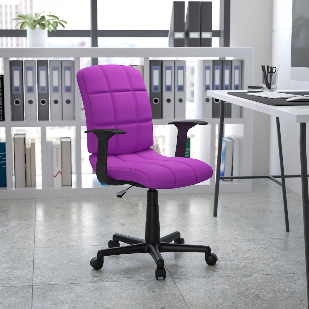 Mid-Back Purple Quilted Vinyl Swivel Task Office Chair with Arms. Picture 2