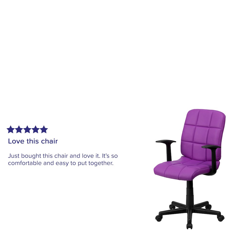 Mid-Back Purple Quilted Vinyl Swivel Task Office Chair with Arms. Picture 5