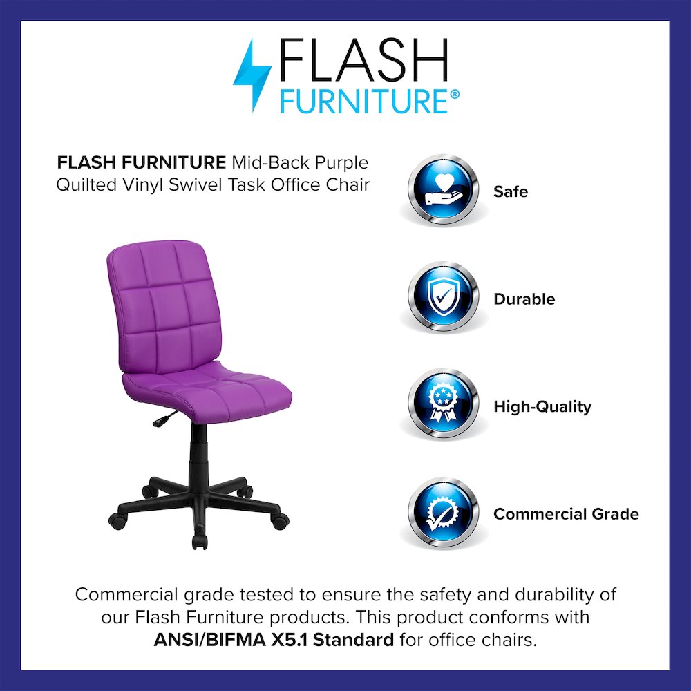 Mid-Back Purple Quilted Vinyl Swivel Task Office Chair. Picture 4