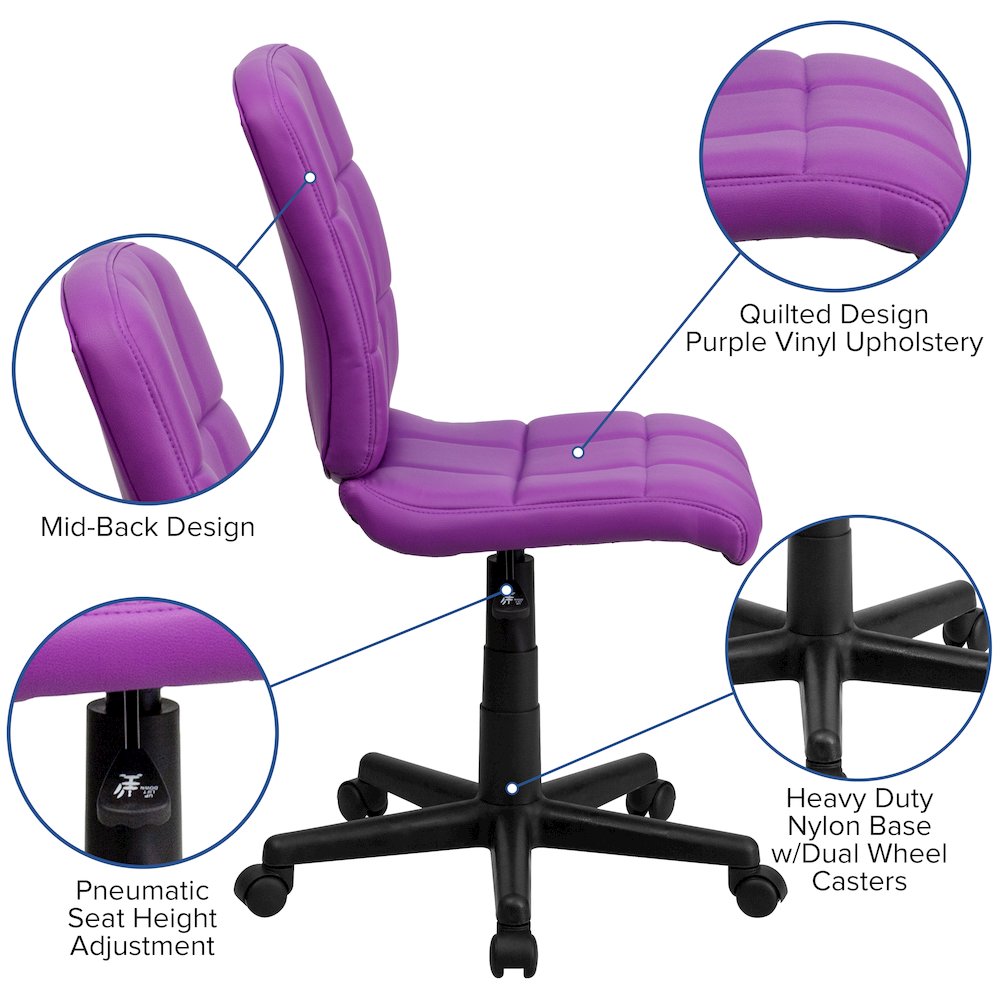 Mid-Back Purple Quilted Vinyl Swivel Task Office Chair. Picture 6