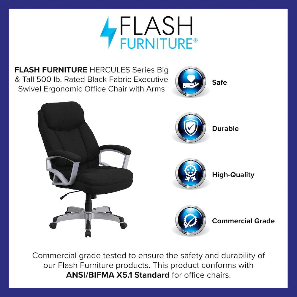 Big & Tall 500 lb. Rated Black Fabric Executive Swivel Office Chair with Arms. Picture 4