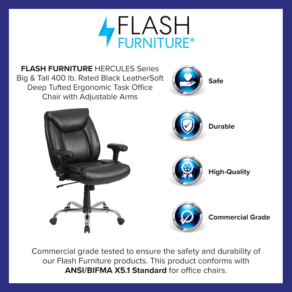 400 lb. Rated Black Deep Tufted Task Office Chair with Adjustable Arms. Picture 4