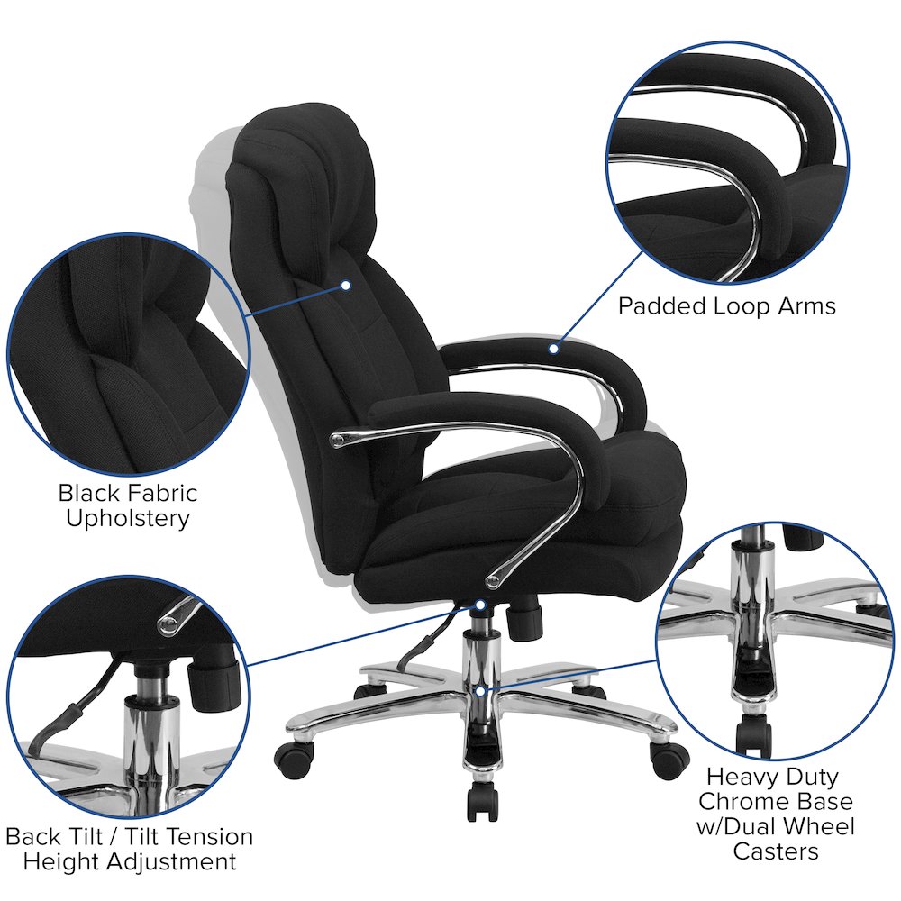 24/7 Intensive Use Big & Tall 500 lb. Rated Black Fabric Executive Ergonomic Office Chair with Loop Arms. Picture 6