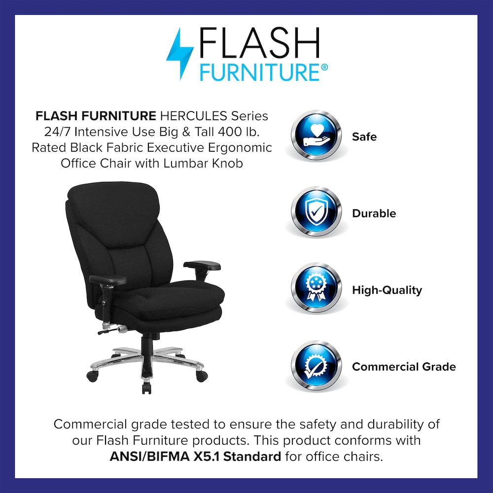 24/7 Intensive Use 400 lb. Rated Black Fabric Executive Office Chair. Picture 4