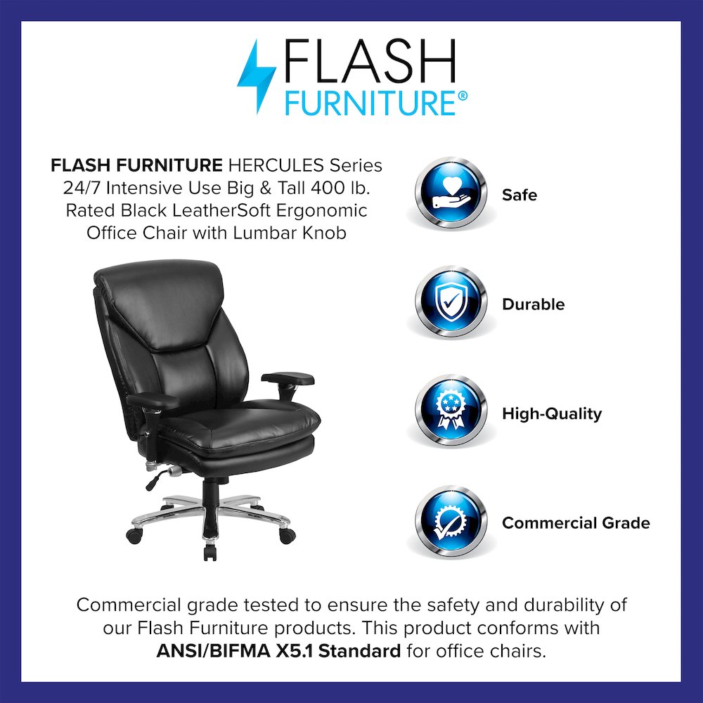 24/7 Intensive Use Big & Tall 400 lb. Rated Black Office Chair with Lumbar Knob. Picture 4