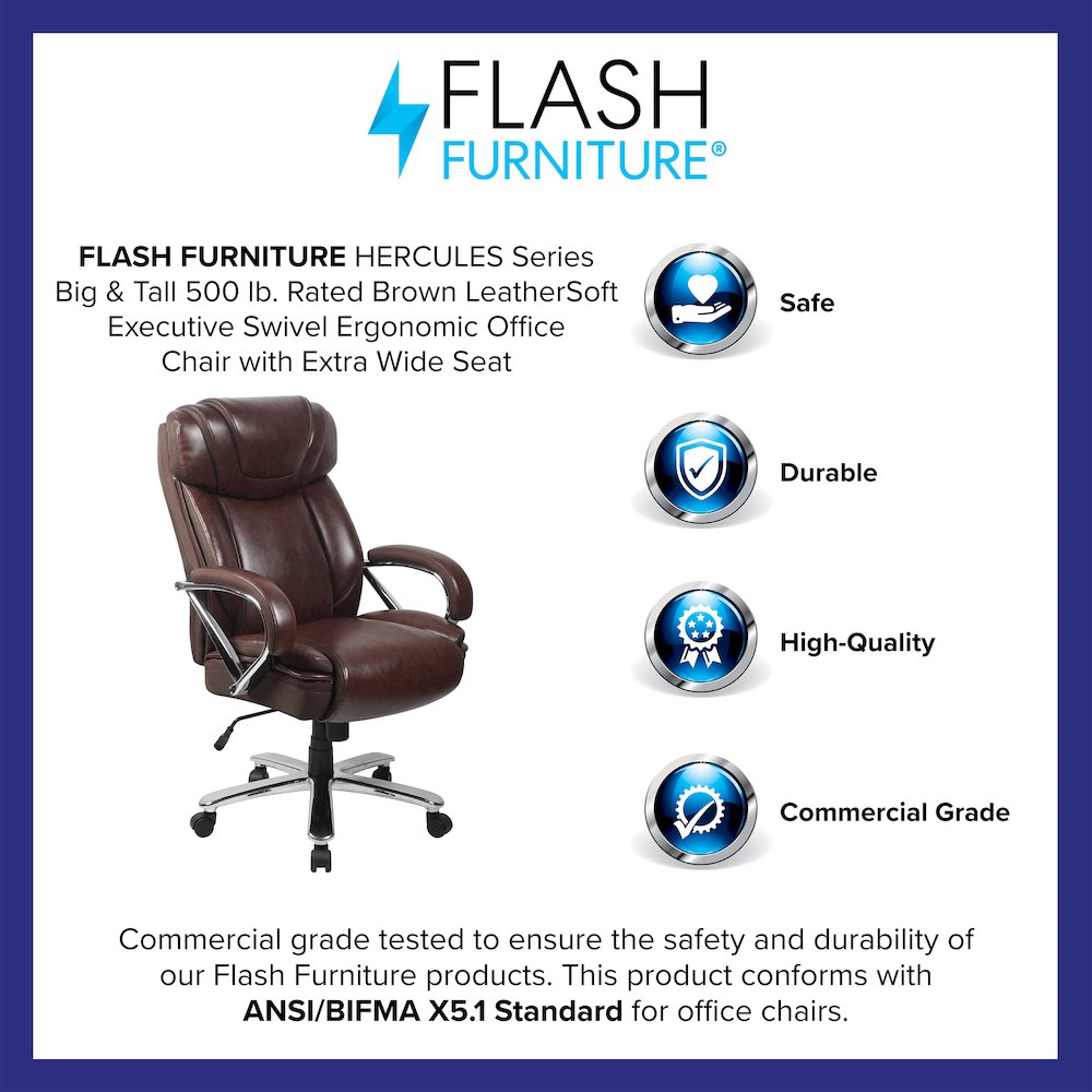 500 lb. Rated Brown Executive Swivel Office Chair with Extra Wide Seat. Picture 4