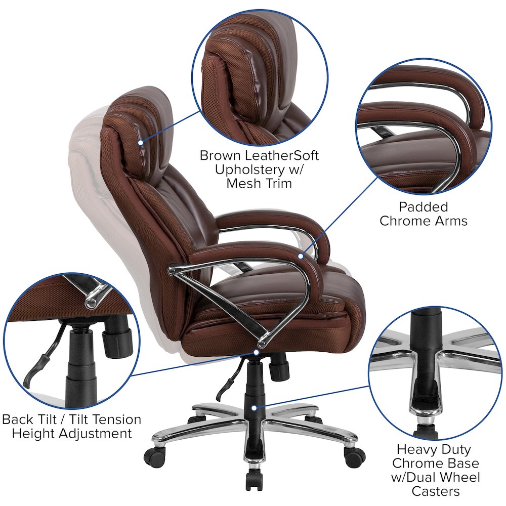 500 lb. Rated Brown Executive Swivel Office Chair with Extra Wide Seat. Picture 6