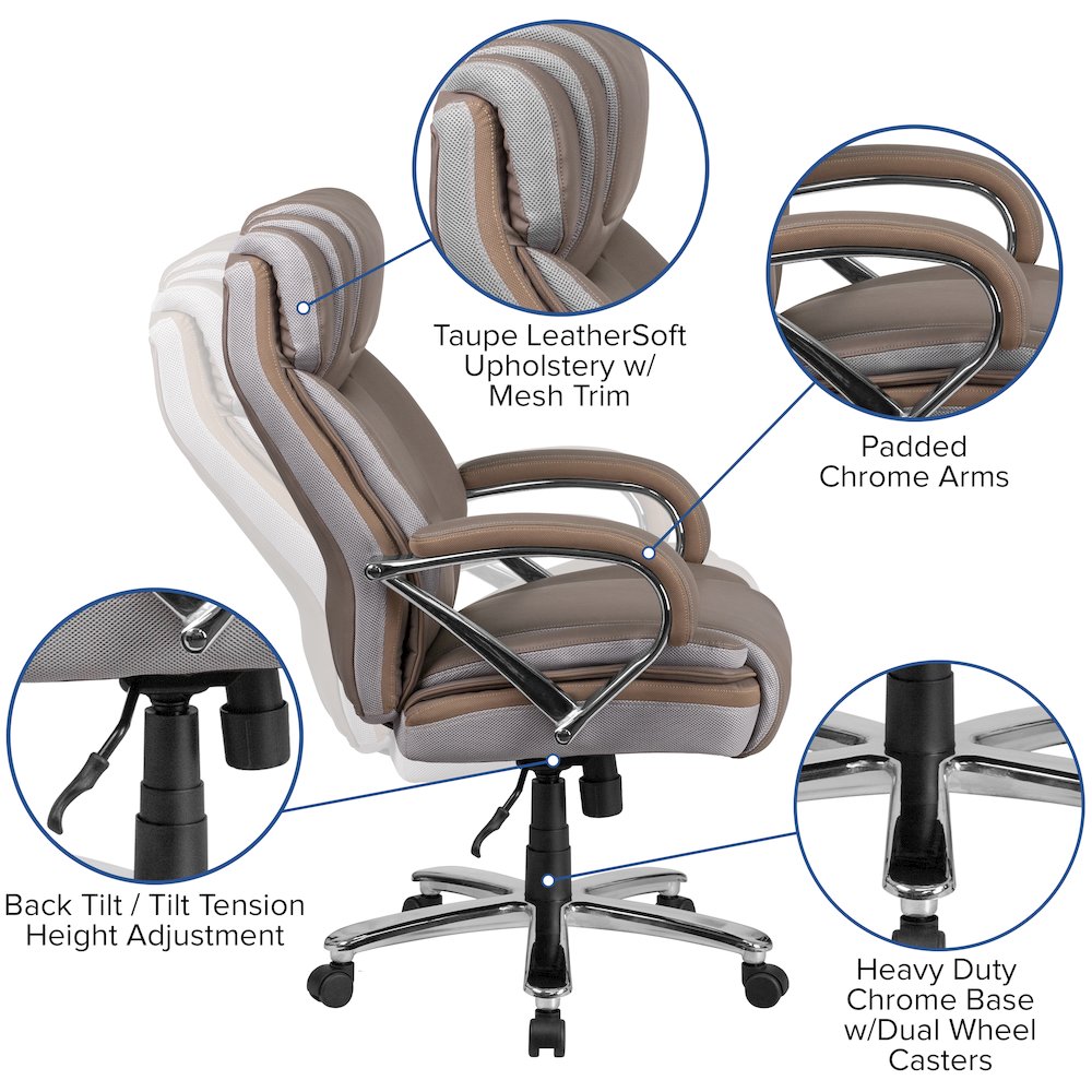 500 lb. Rated Taupe Executive Swivel Office Chair with Extra Wide Seat. Picture 6