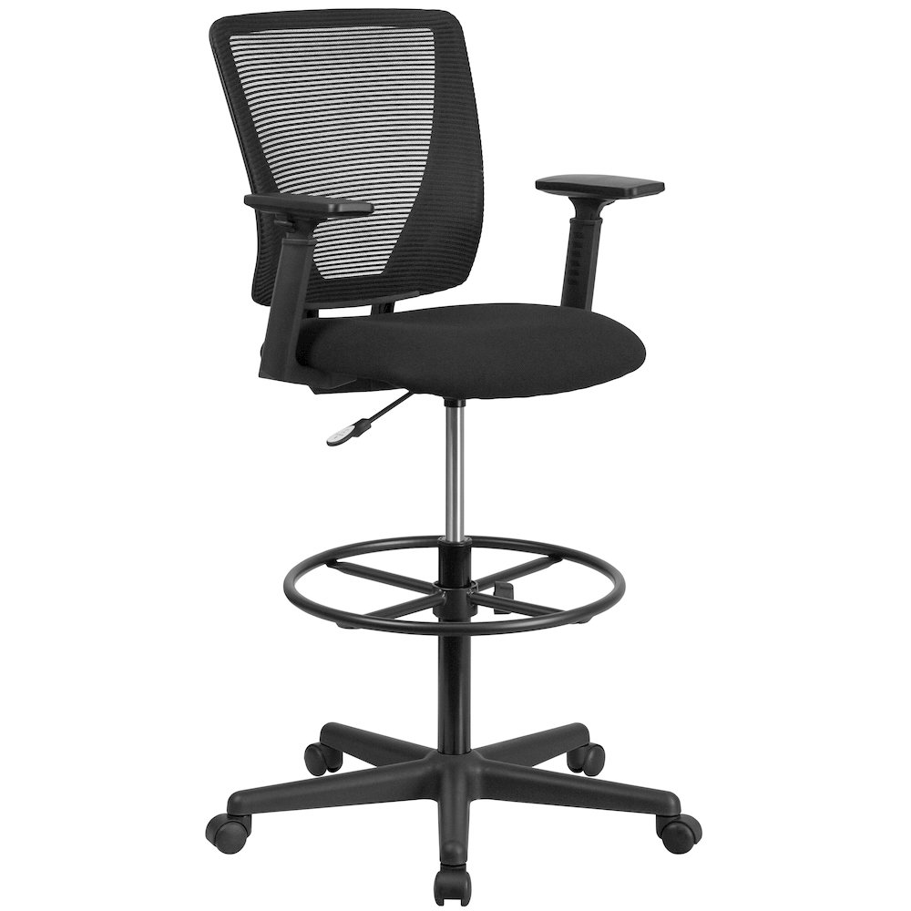 Mid-Back Mesh Drafting Chair with Black Fabric Seat, Adjustable Foot Ring. Picture 1