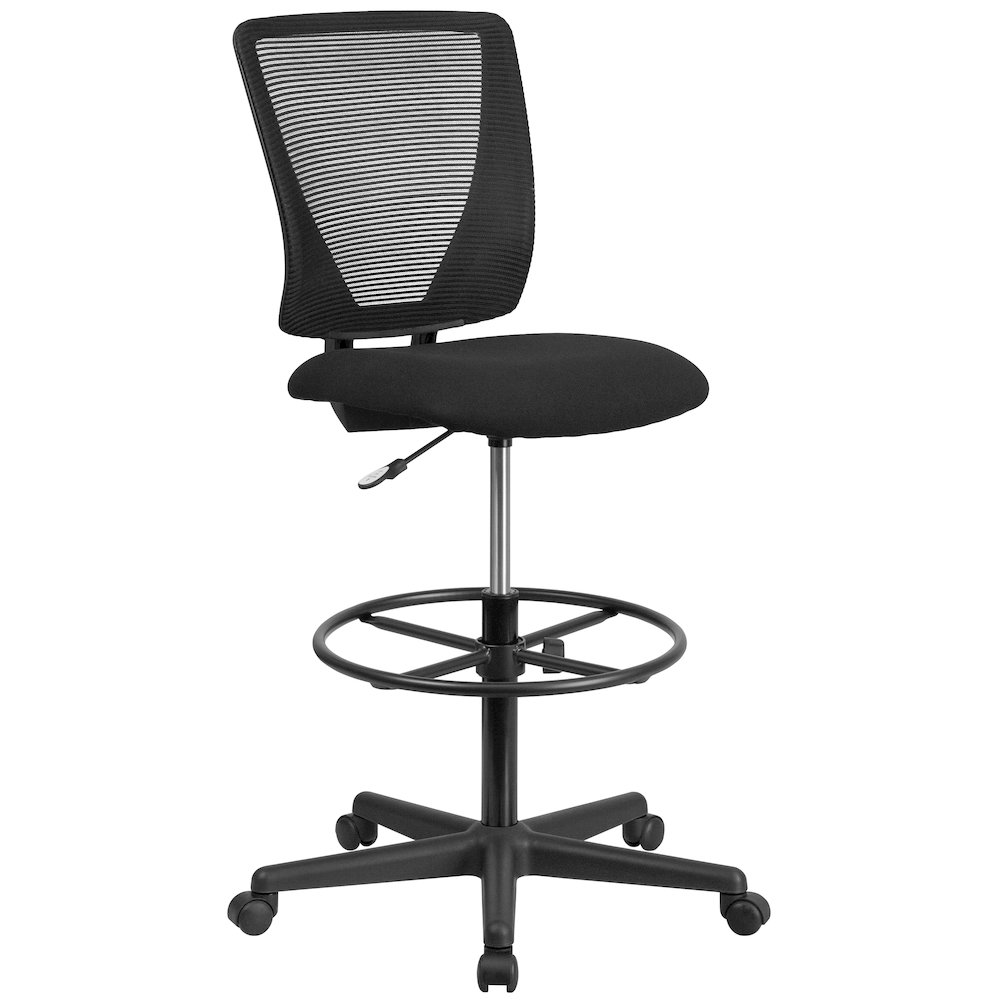 Mid-Back Mesh Drafting Chair with Black Fabric Seat and Adjustable Foot Ring. Picture 1
