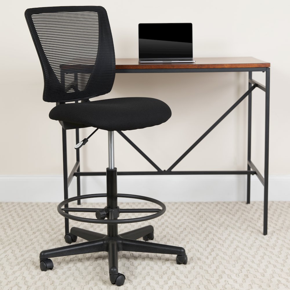 Mid-Back Mesh Drafting Chair with Black Fabric Seat and Adjustable Foot Ring. Picture 2