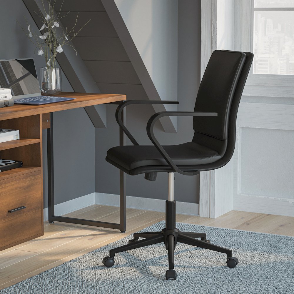 Mid-Back Designer Executive Office Chair with Black Base and Arms, Black. Picture 2