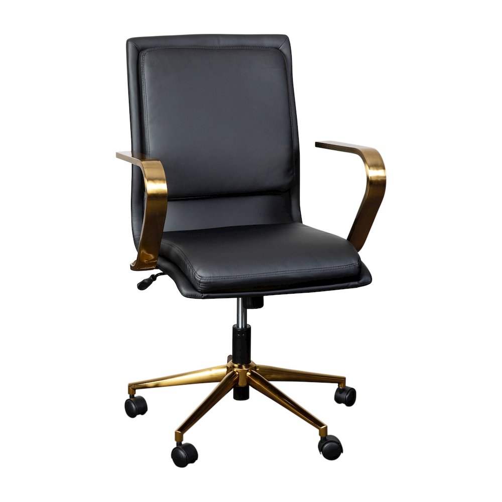 Mid-Back Designer Executive Office Chair with Brushed Gold Base and Arms, Black. Picture 1