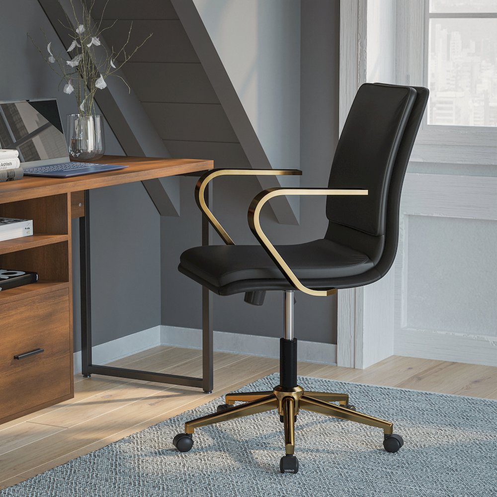 Mid-Back Designer Executive Office Chair with Brushed Gold Base and Arms, Black. Picture 2