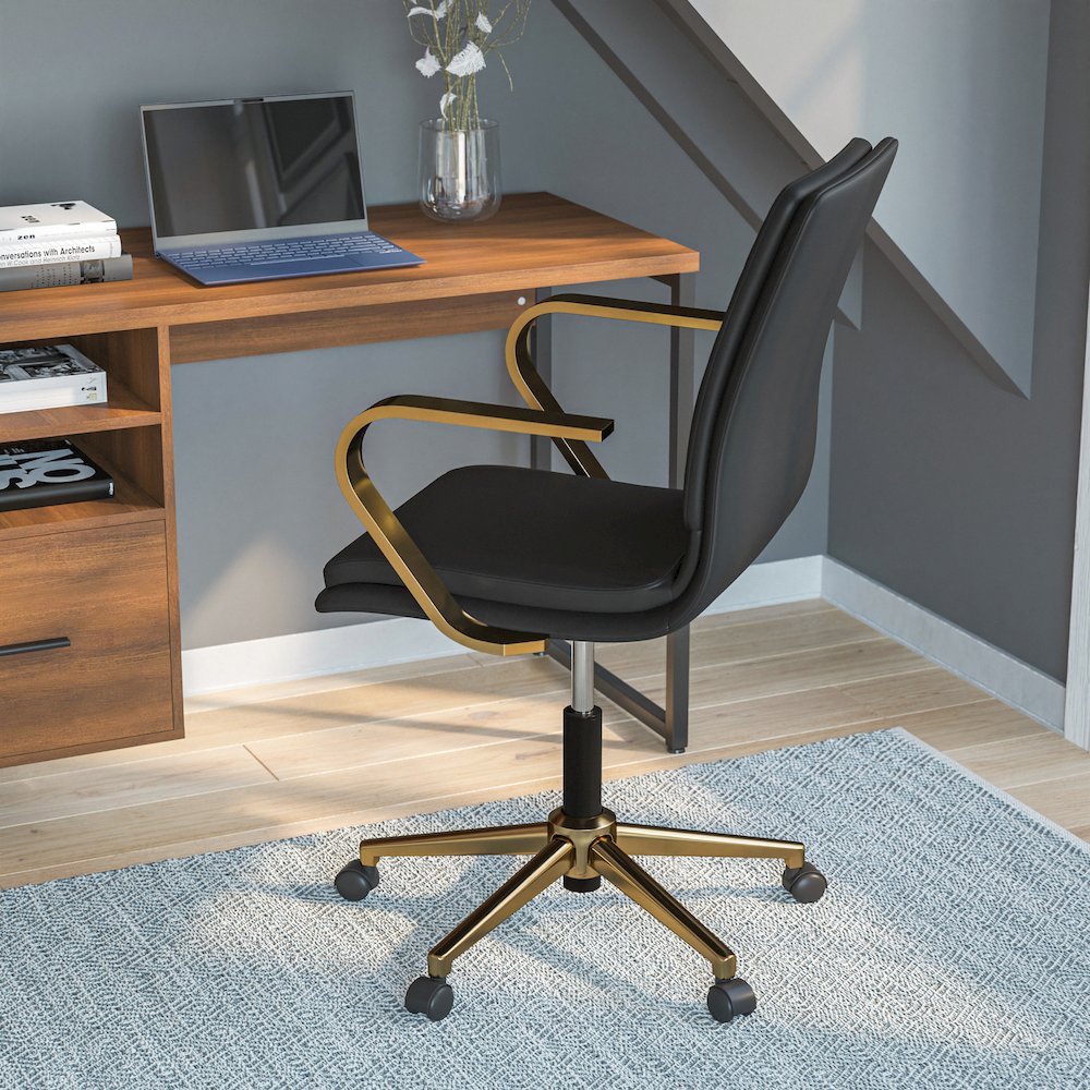 Mid-Back Designer Executive Office Chair with Brushed Gold Base and Arms, Black. Picture 6