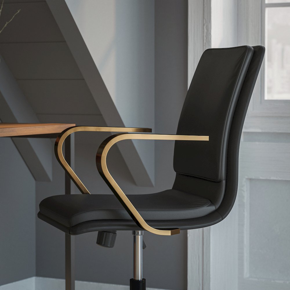 Mid-Back Designer Executive Office Chair with Brushed Gold Base and Arms, Black. Picture 7