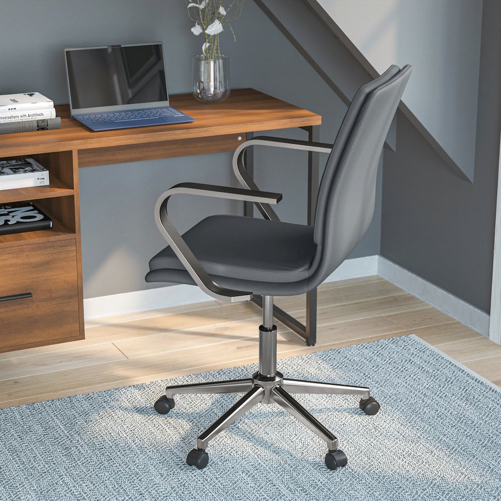 Mid-Back Designer Executive Office Chair with Brushed Chrome Base and Arms, Gray. Picture 2