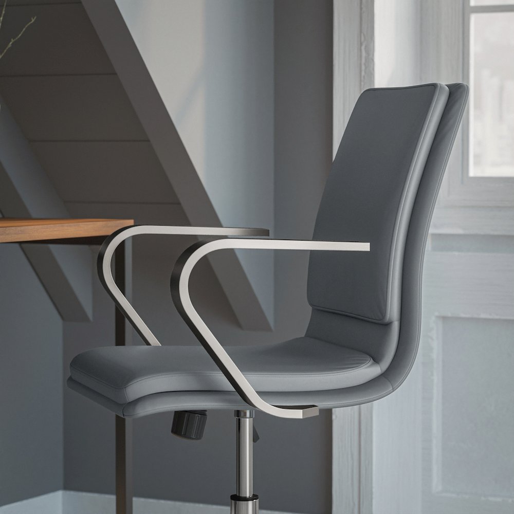 Mid-Back Designer Executive Office Chair with Brushed Chrome Base and Arms, Gray. Picture 6