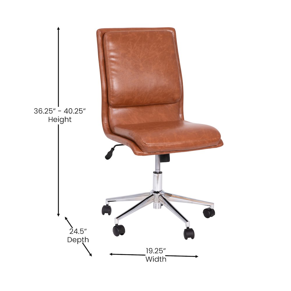 Mid-Back Armless Swivel Task Office Chair with Adjustable Chrome Base, Cognac. Picture 5