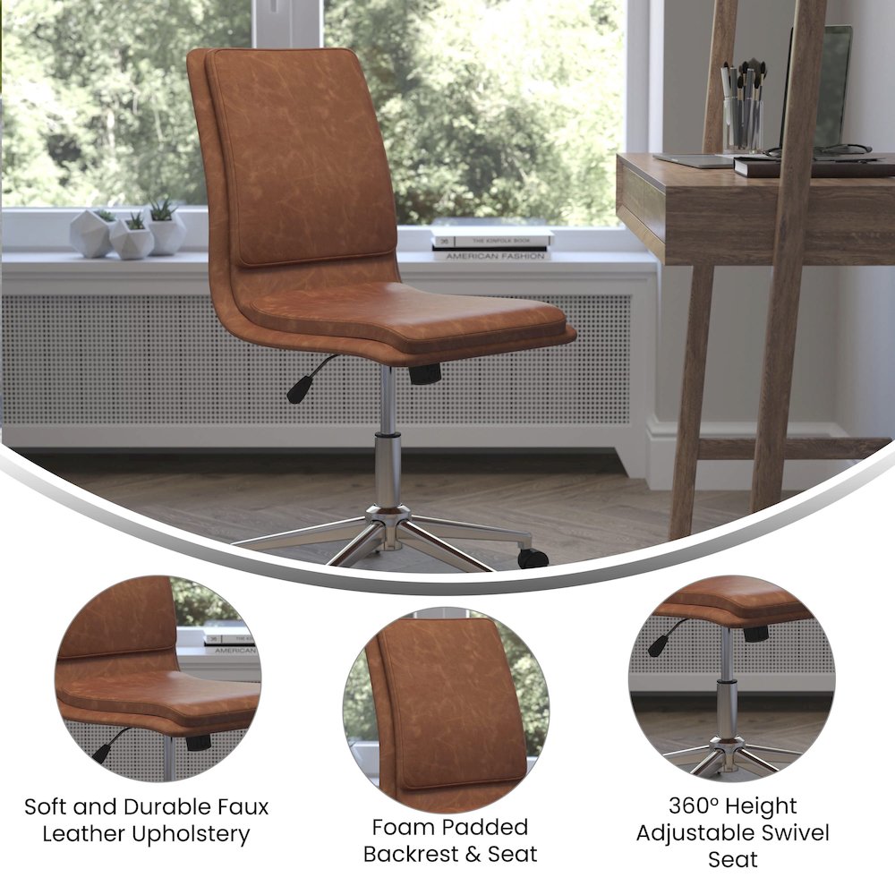 Mid-Back Armless Swivel Task Office Chair with Adjustable Chrome Base, Cognac. Picture 4