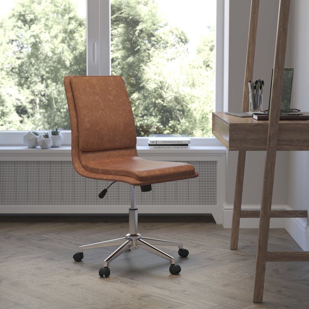 Mid-Back Armless Swivel Task Office Chair with Adjustable Chrome Base, Cognac. Picture 2