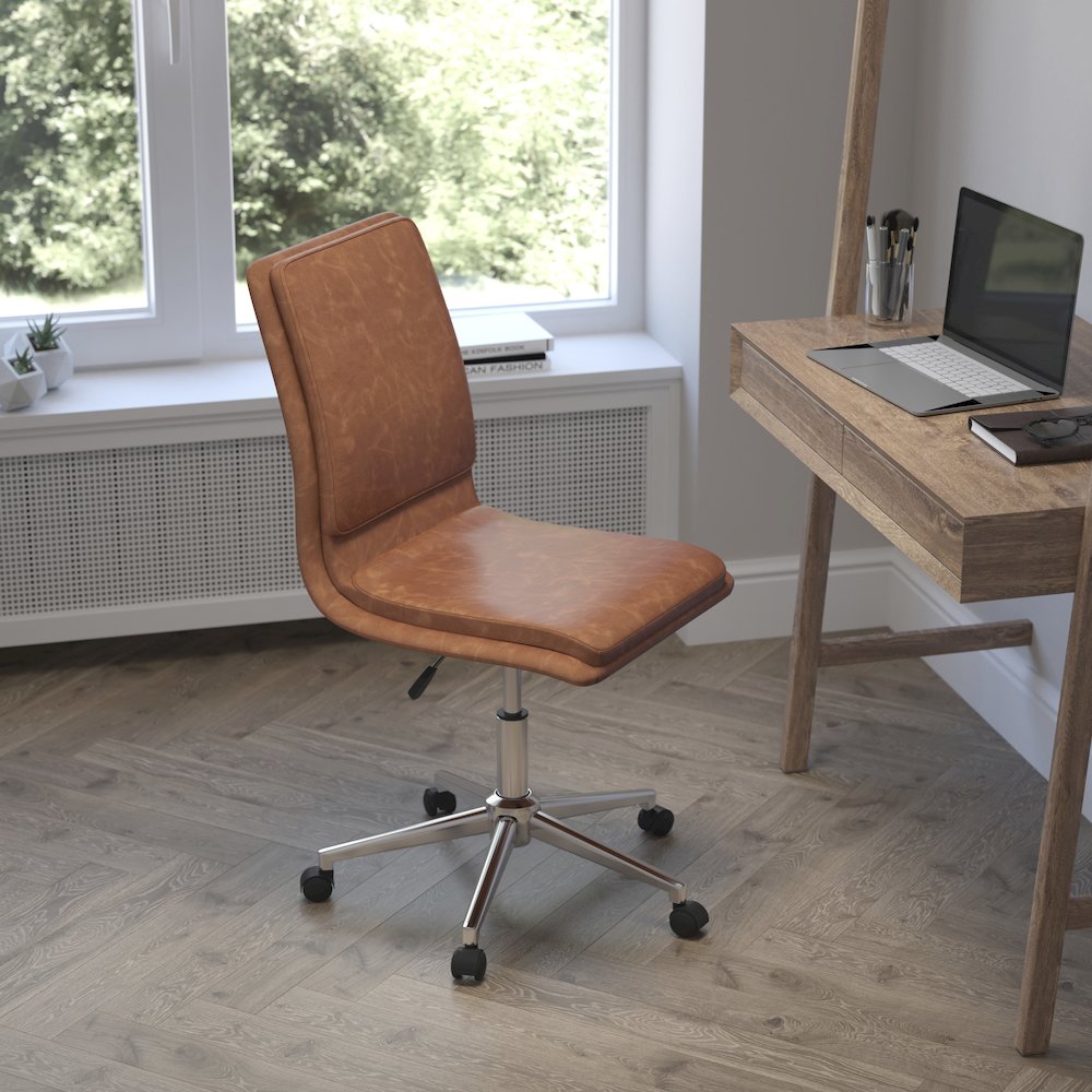 Mid-Back Armless Swivel Task Office Chair with Adjustable Chrome Base, Cognac. Picture 7