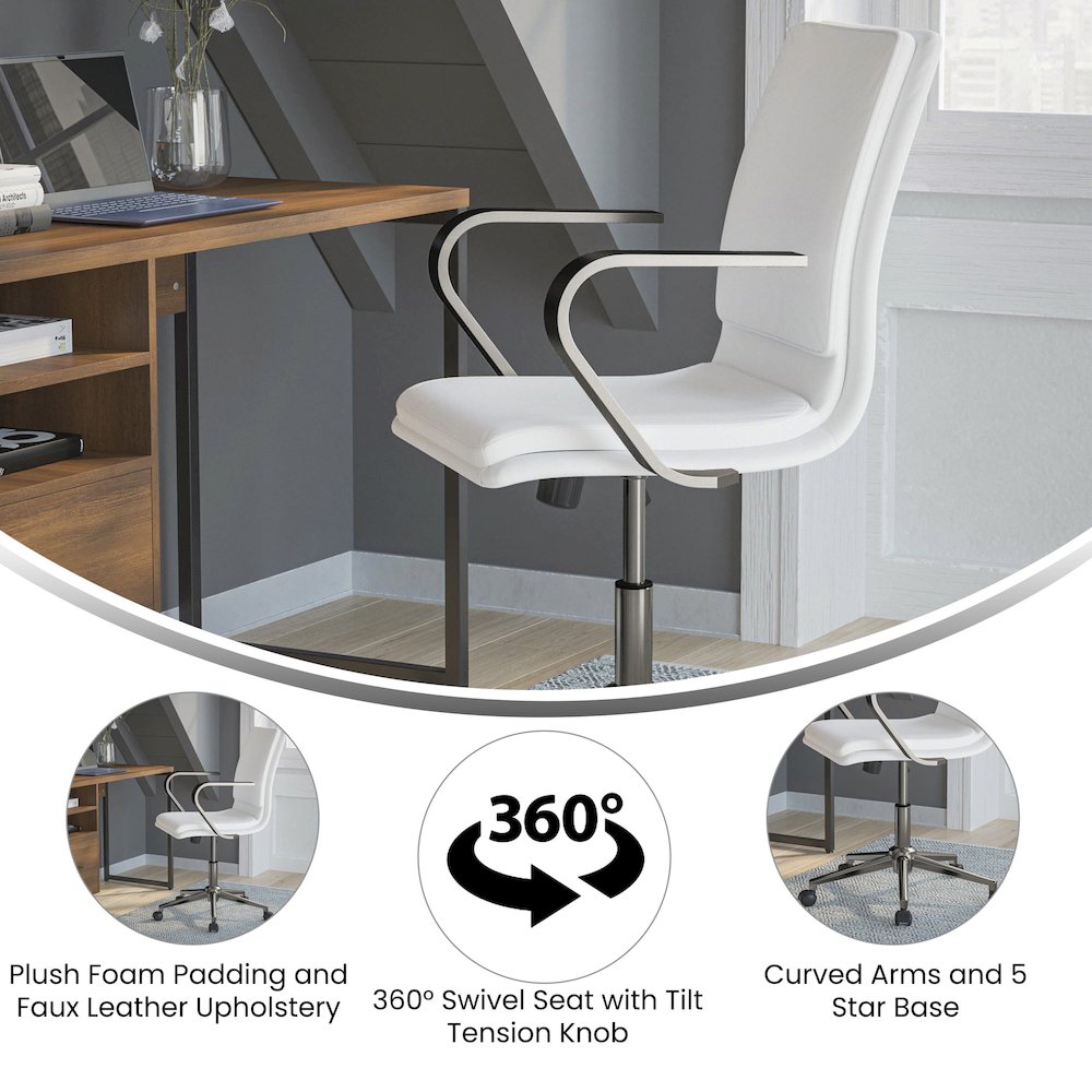 Mid-Back Executive Office Chair with Brushed Chrome Base and Arms, White. Picture 4