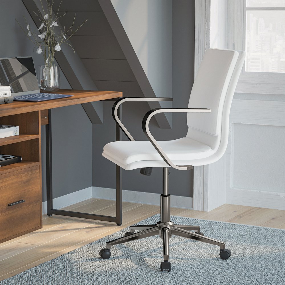 Mid-Back Executive Office Chair with Brushed Chrome Base and Arms, White. Picture 2