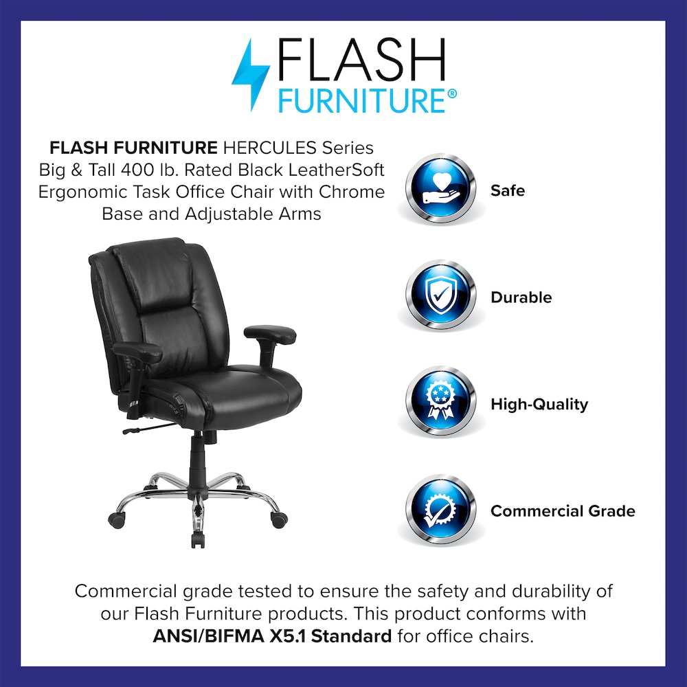 400 lb. Rated Black Task Office Chair with Chrome Base and Adjustable Arms. Picture 4