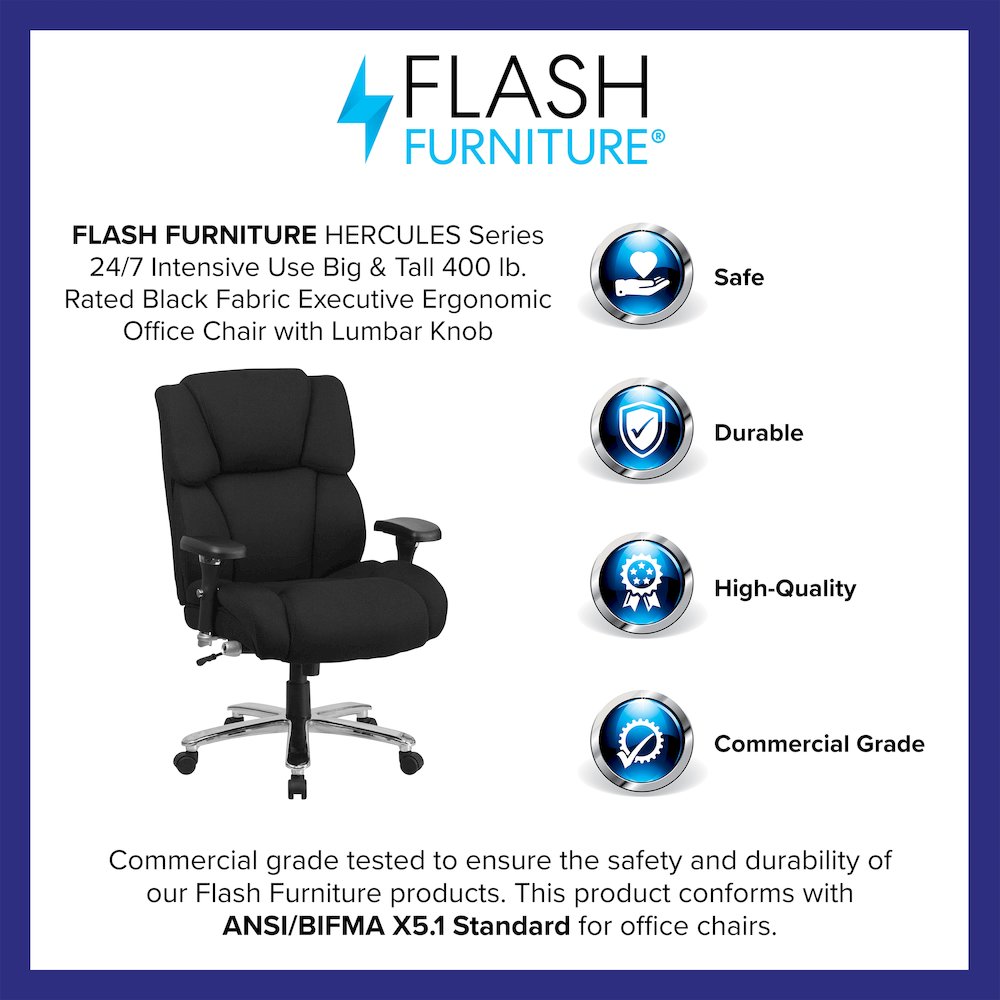 400 lb. Rated Black Fabric Executive Office Chair with Lumbar Knob. Picture 4