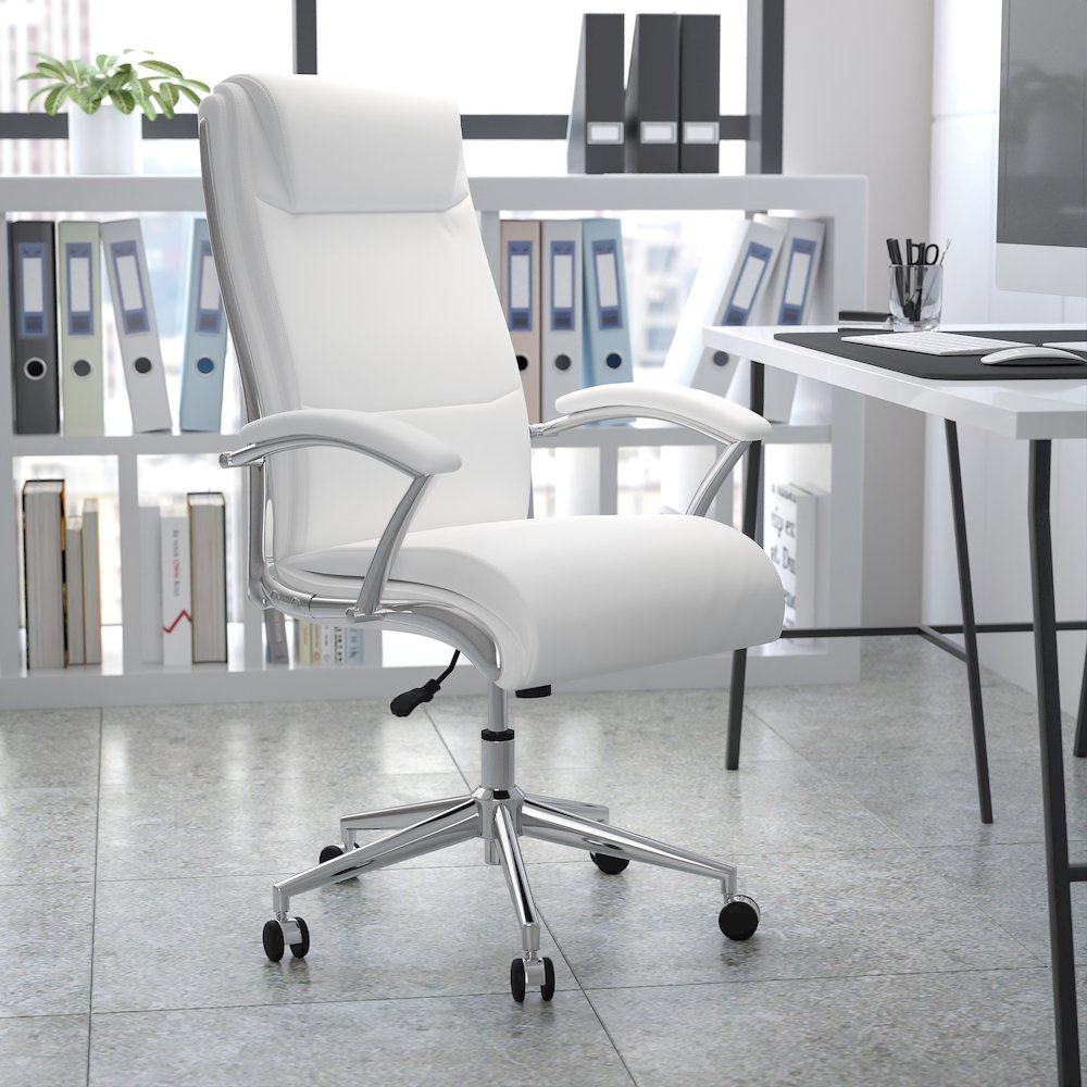 High Back White Smooth Upholstered Executive Swivel Office Chair. Picture 2