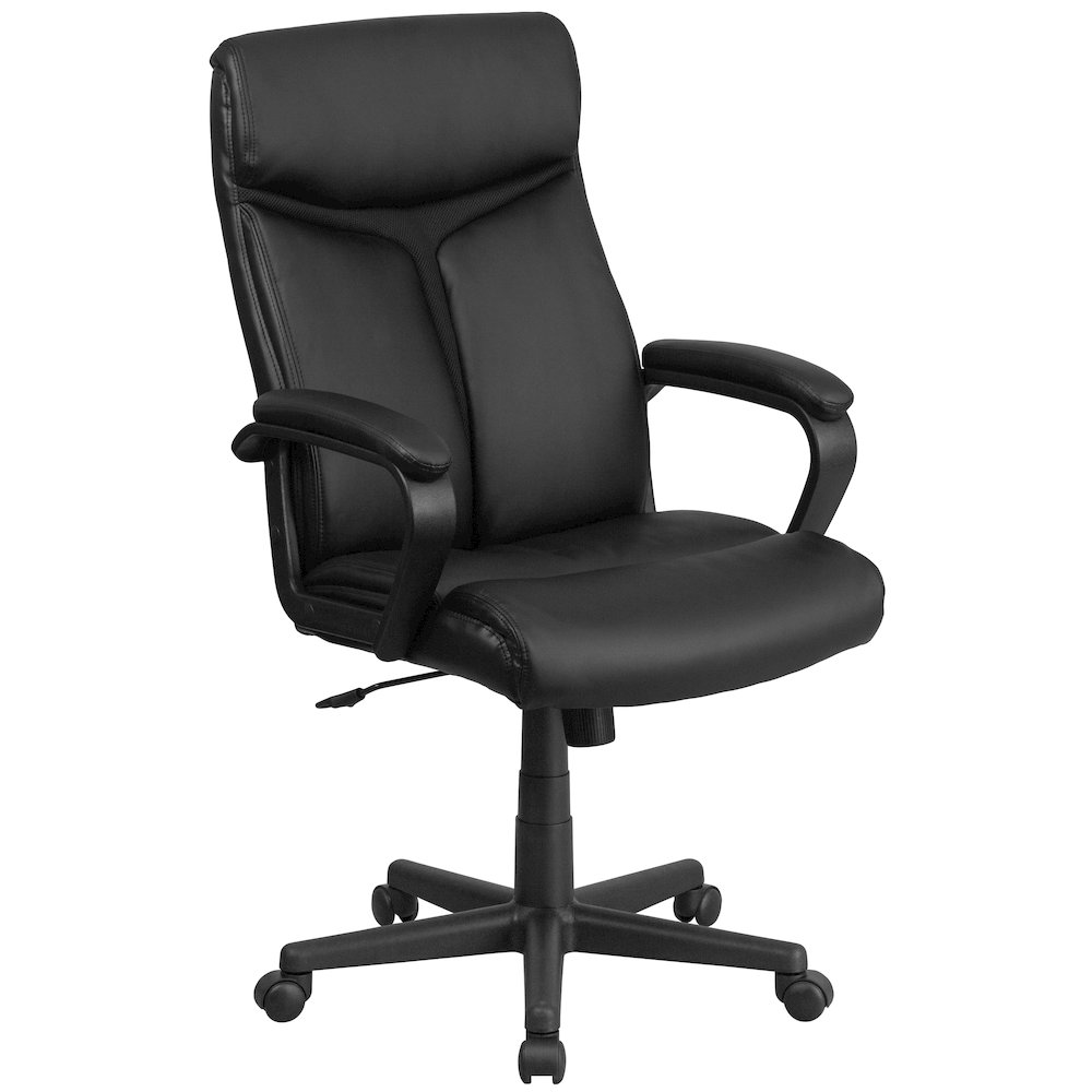 High Back Black Executive Swivel Office Chair with Slight Mesh Accent and Arms. Picture 1