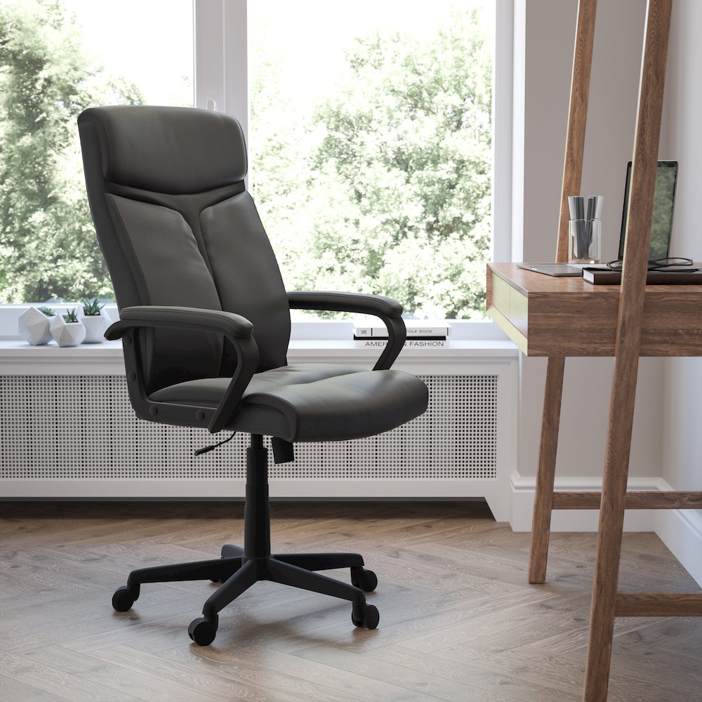 High Back Black Executive Swivel Office Chair with Slight Mesh Accent and Arms. Picture 2