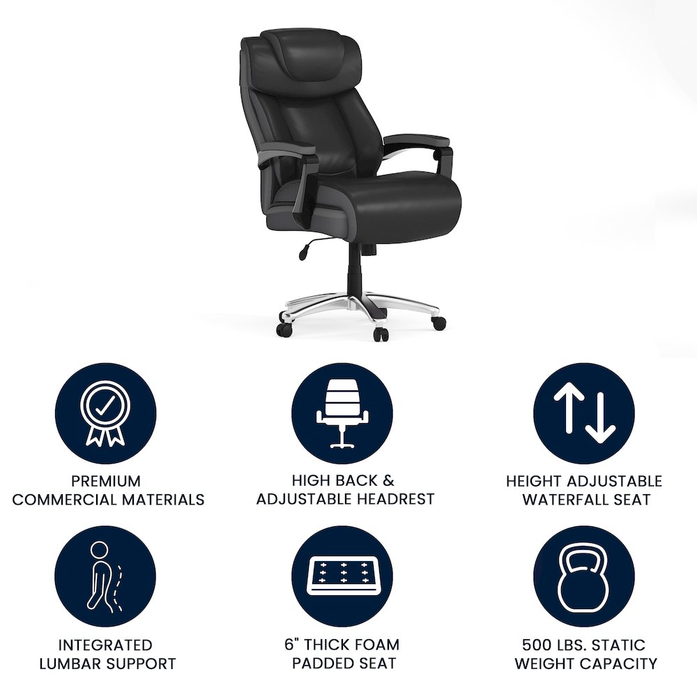 500 lb. Rated Black Executive Swivel Office Chair with Adjustable Headrest. Picture 5