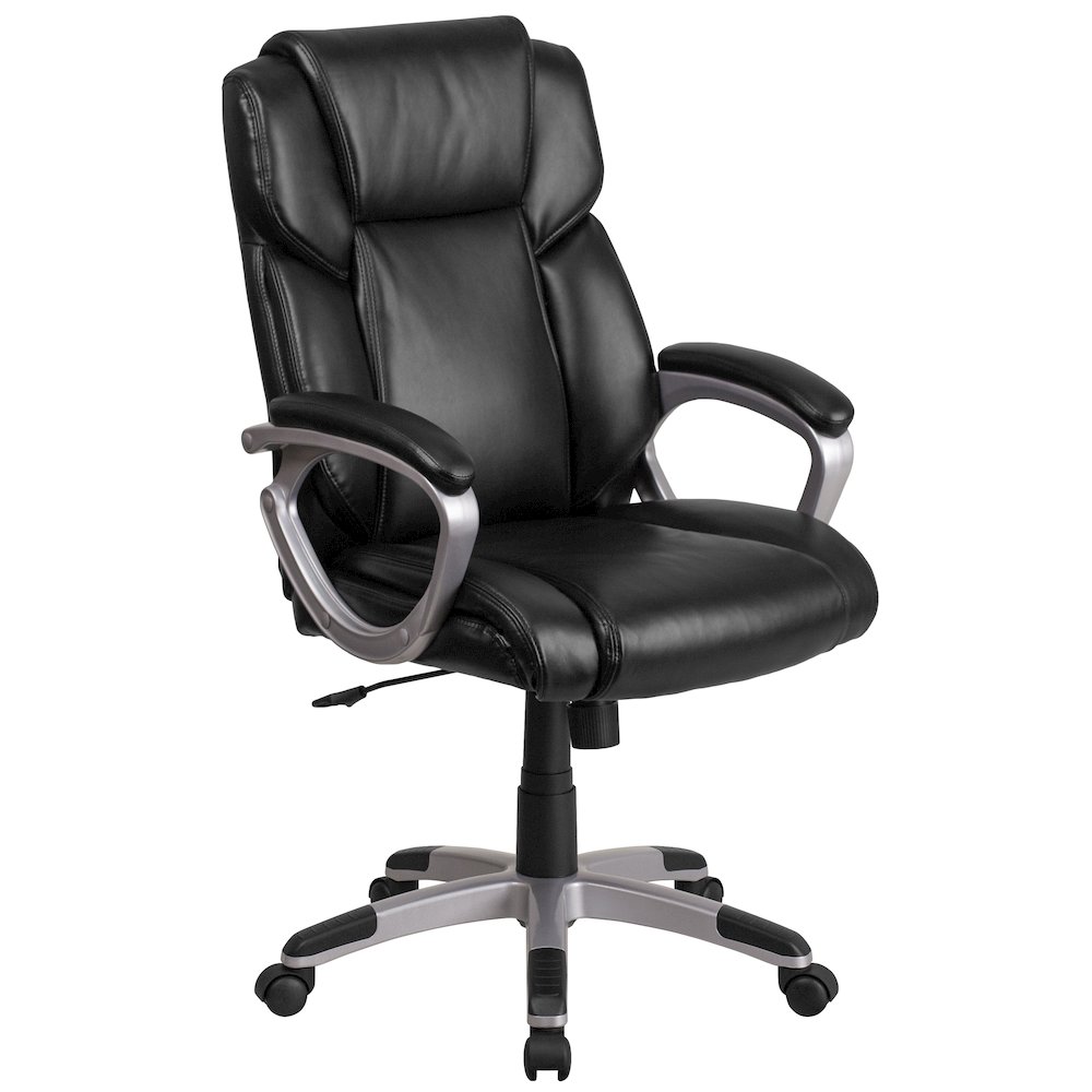 Mid-Back Black LeatherSoft Executive Swivel Office Chair with Padded Arms. Picture 1