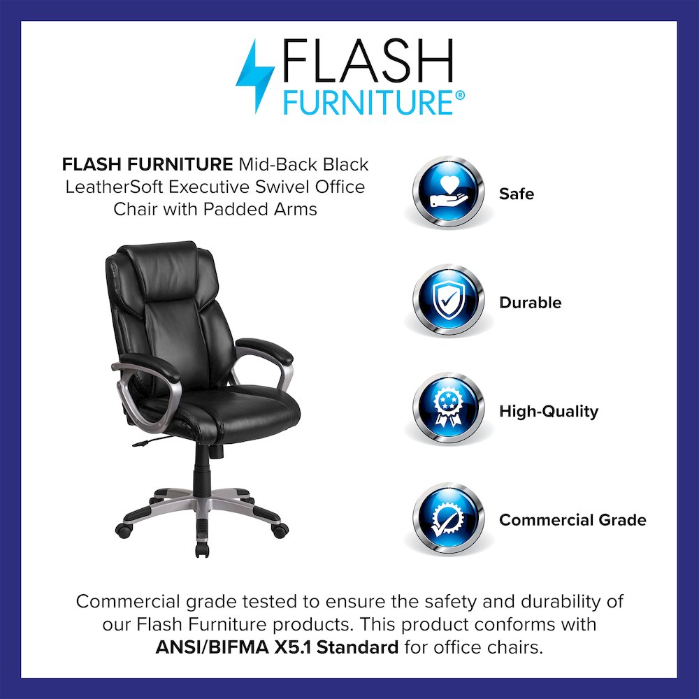 Mid-Back Black LeatherSoft Executive Swivel Office Chair with Padded Arms. Picture 4