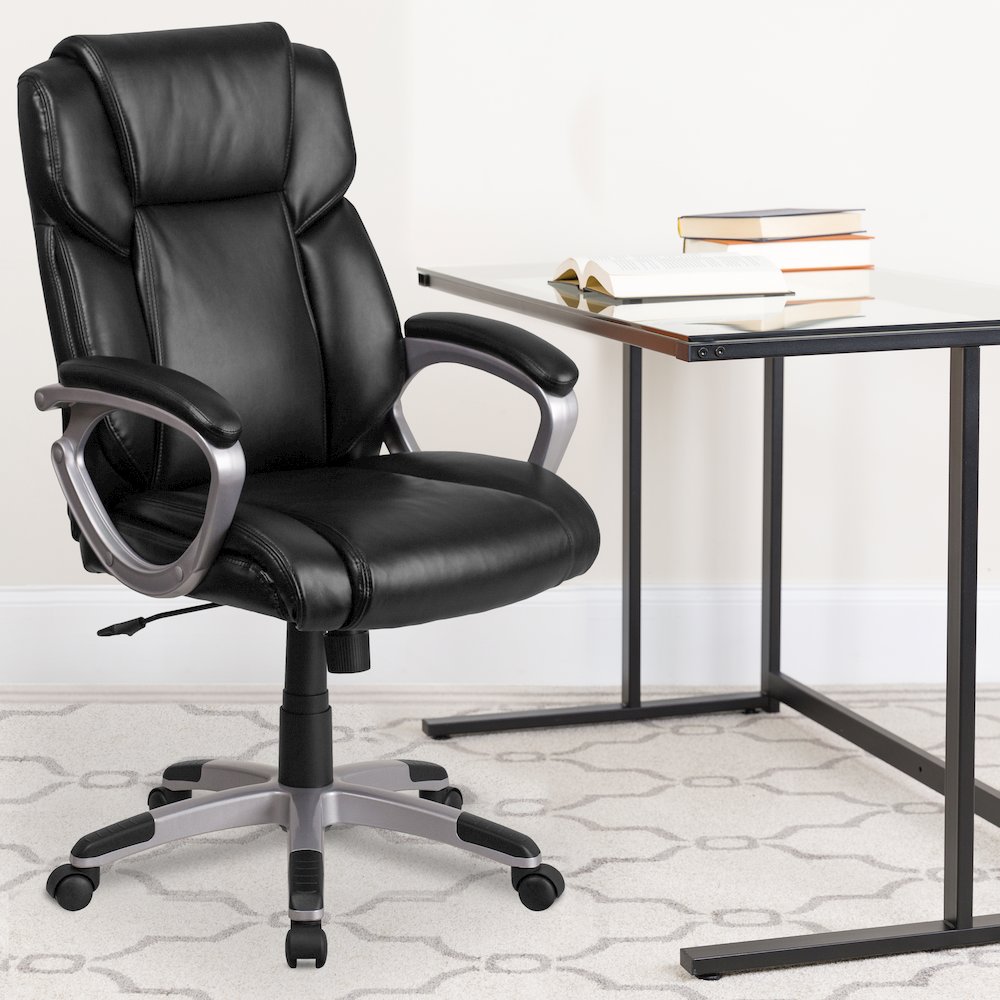 Mid-Back Black LeatherSoft Executive Swivel Office Chair with Padded Arms. Picture 2