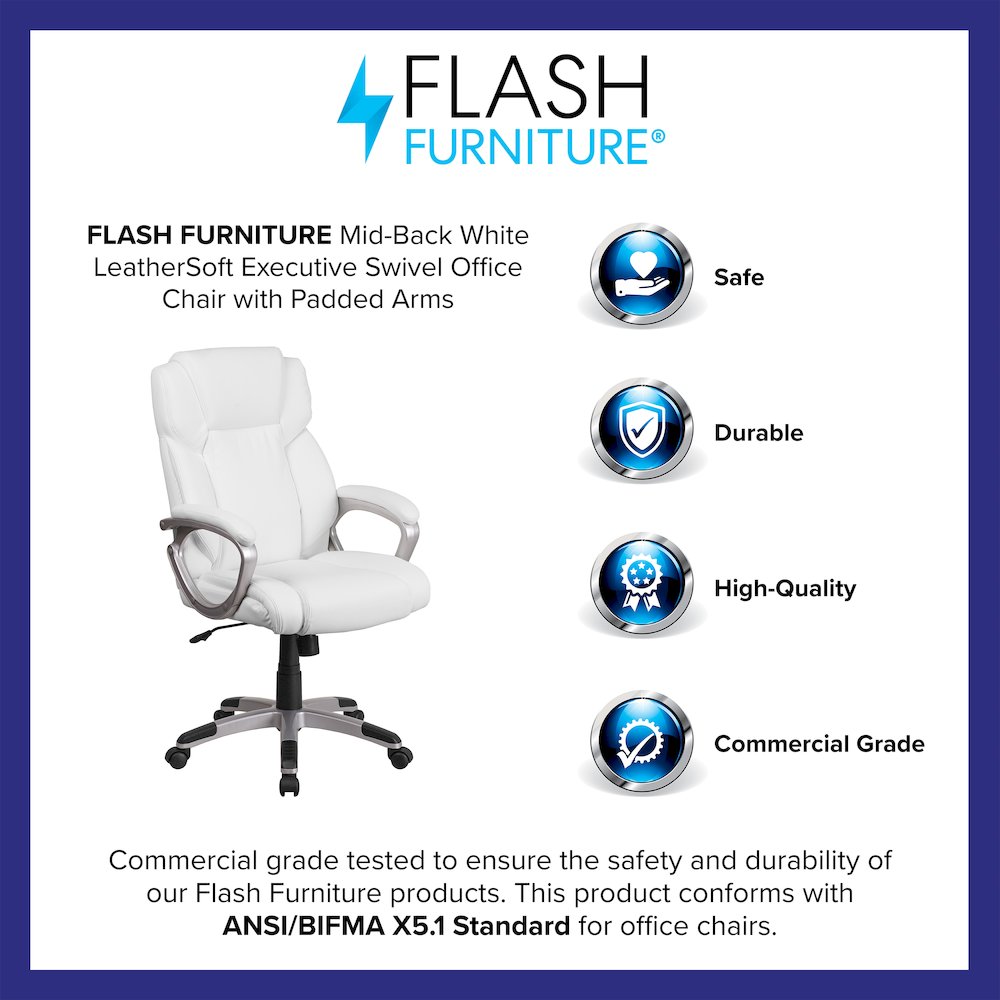 Mid-Back White LeatherSoft Executive Swivel Office Chair with Padded Arms. Picture 4
