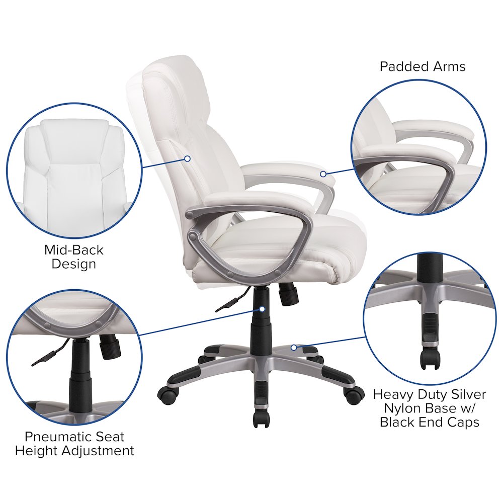 Mid-Back White LeatherSoft Executive Swivel Office Chair with Padded Arms. Picture 5
