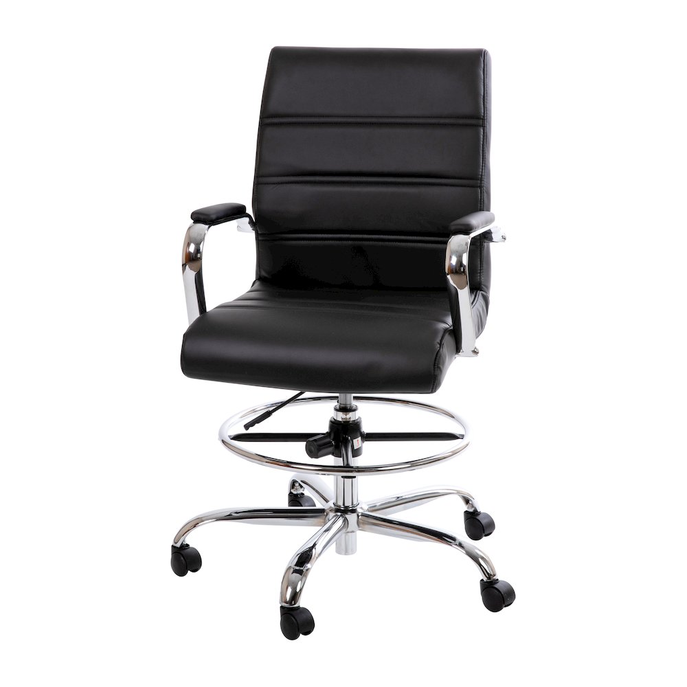 Mid-Back Black Drafting Chair with Adjustable Foot Ring and Chrome Base. Picture 1