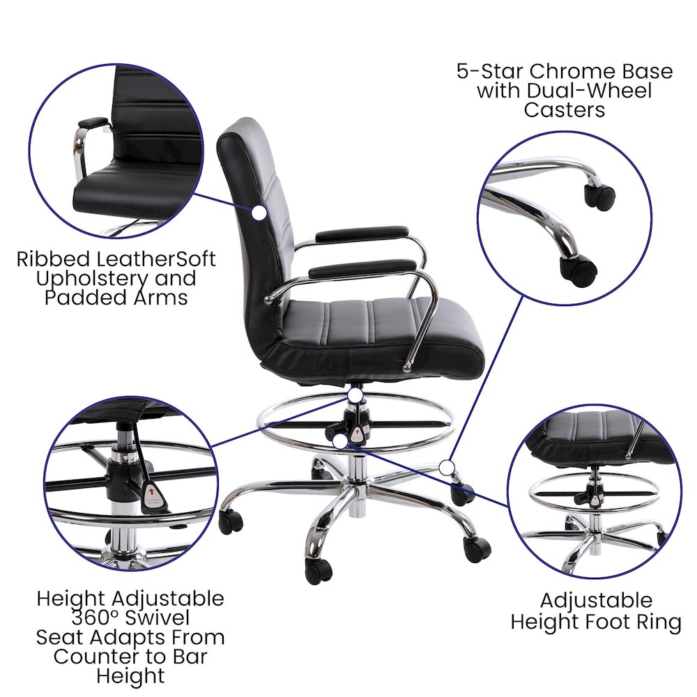 Mid-Back Black Drafting Chair with Adjustable Foot Ring and Chrome Base. Picture 4