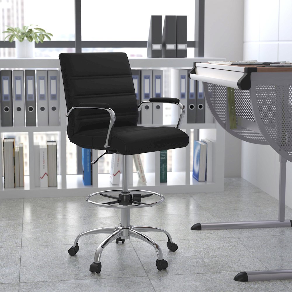 Mid-Back Black Drafting Chair with Adjustable Foot Ring and Chrome Base. Picture 2
