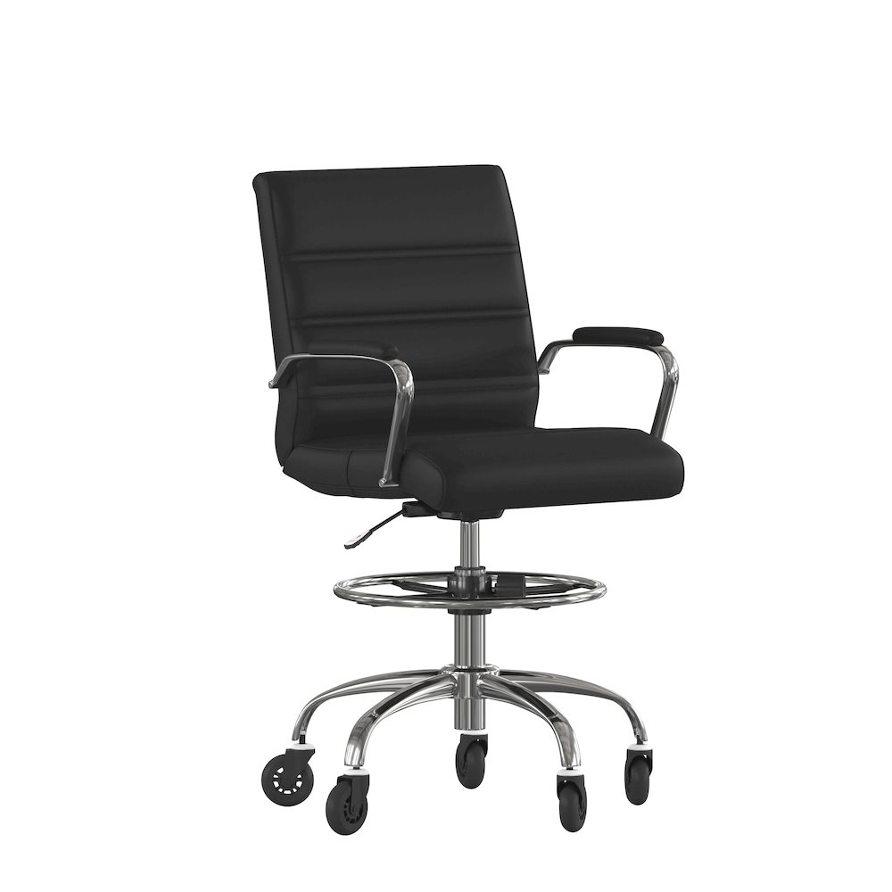 Mid-Back Black Drafting Chair with Adjustable Foot Ring, Chrome Base,. Picture 1
